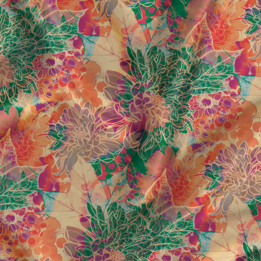 Whimsical Blooms: Satin Georgette's Abstract Floral Fabric Unveiled