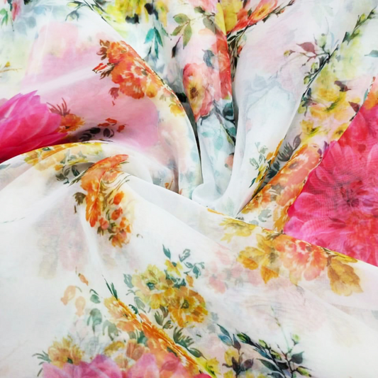 Elegant Blossoms on Soft Organza: Floral Pattern Fabric by OM Fabs