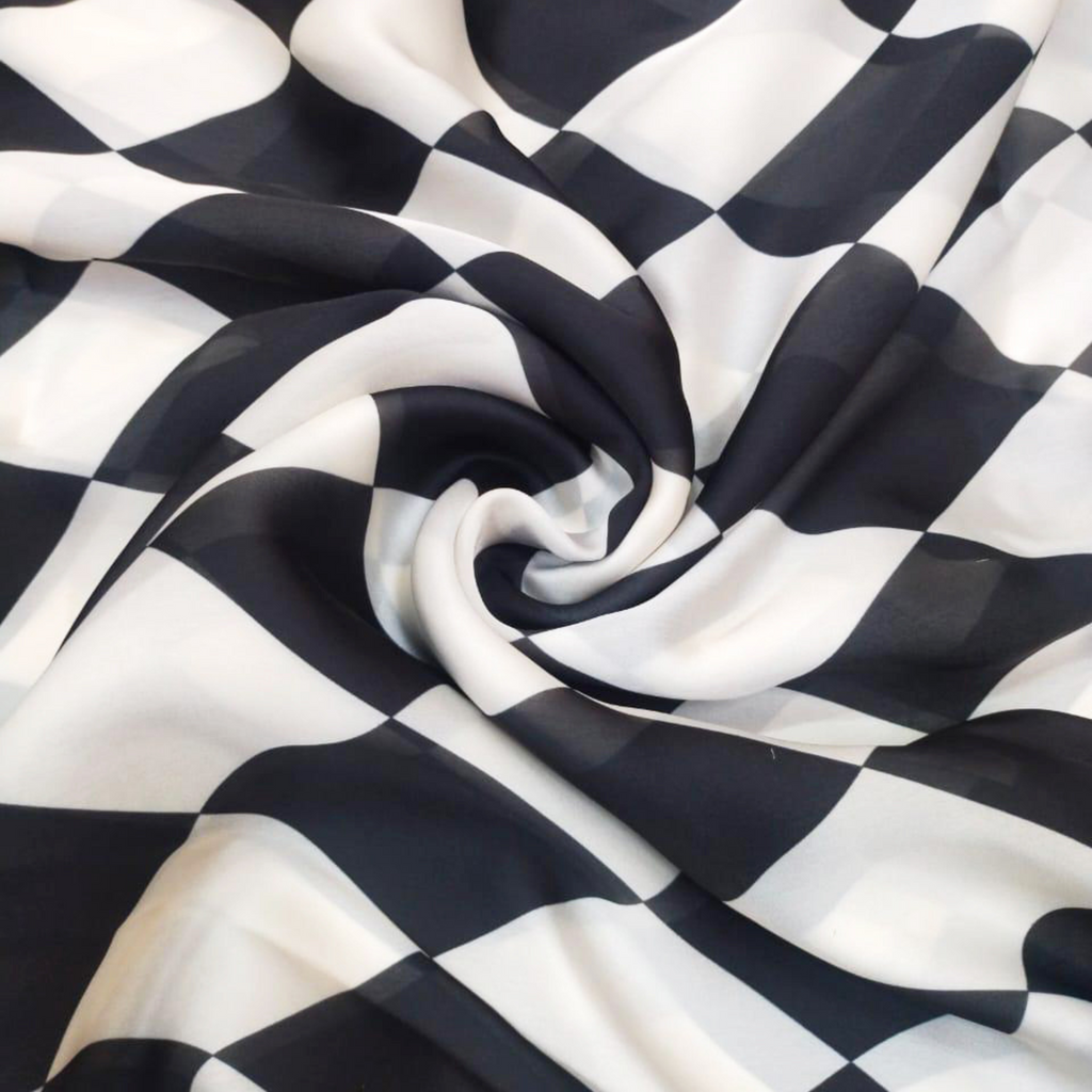 Modern Geometric Checks: Stylish Satin Georgette Fabrics for Fashionable Looks