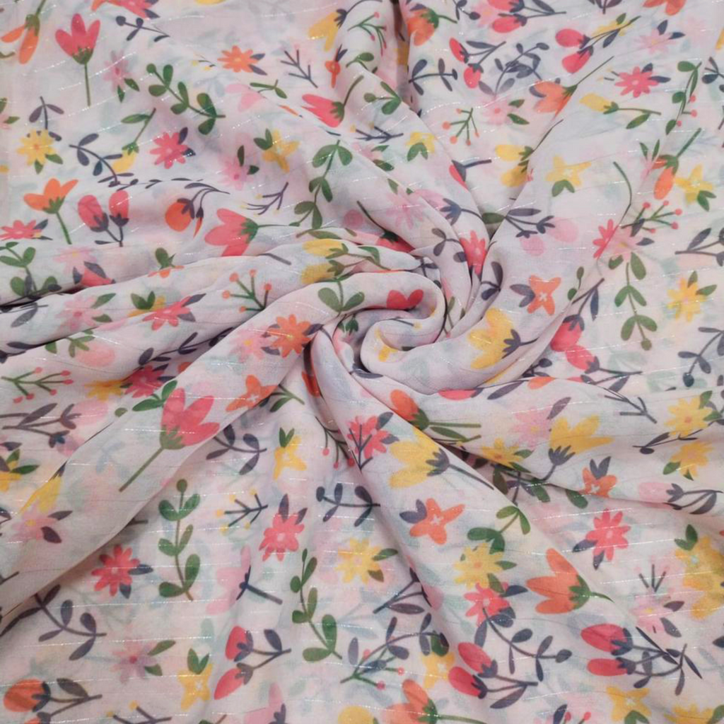 Radiant Blossoms: Floral Pattern on Mesmerizing Muslin Zari