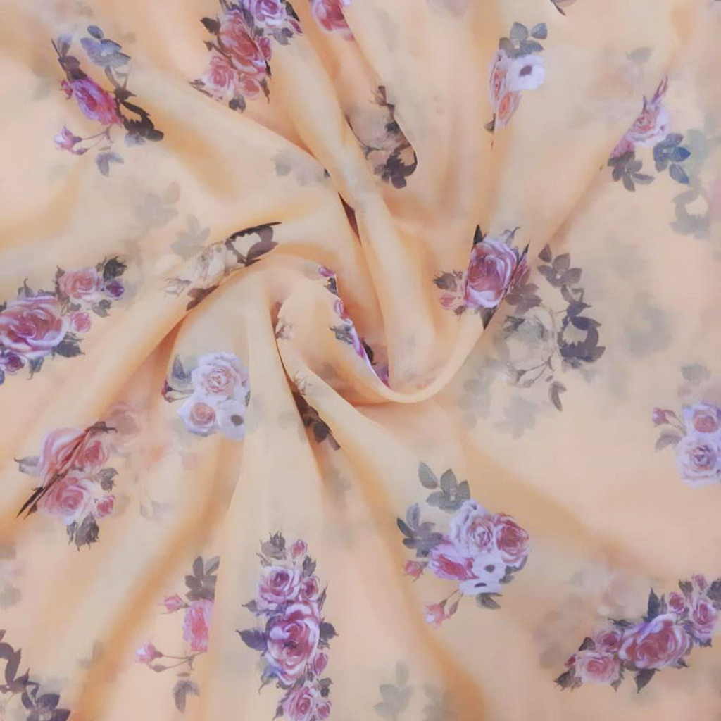 Blooming Grace: Floral Tapestry on Satin Georgette