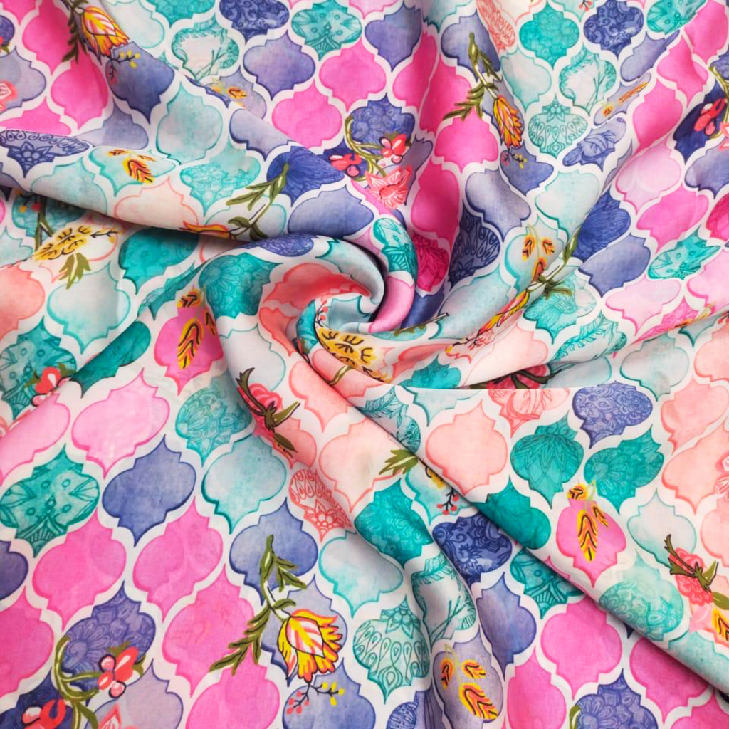 Dynamic Symmetry: Satin Georgette Fabrics with Abstract Geometric Patterns!