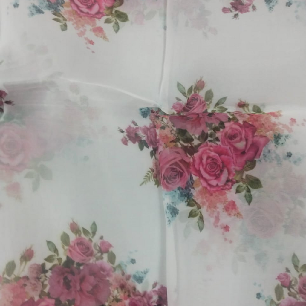 Whispering Roses: Satin Georgette Fabric with Floral Rose Patterns