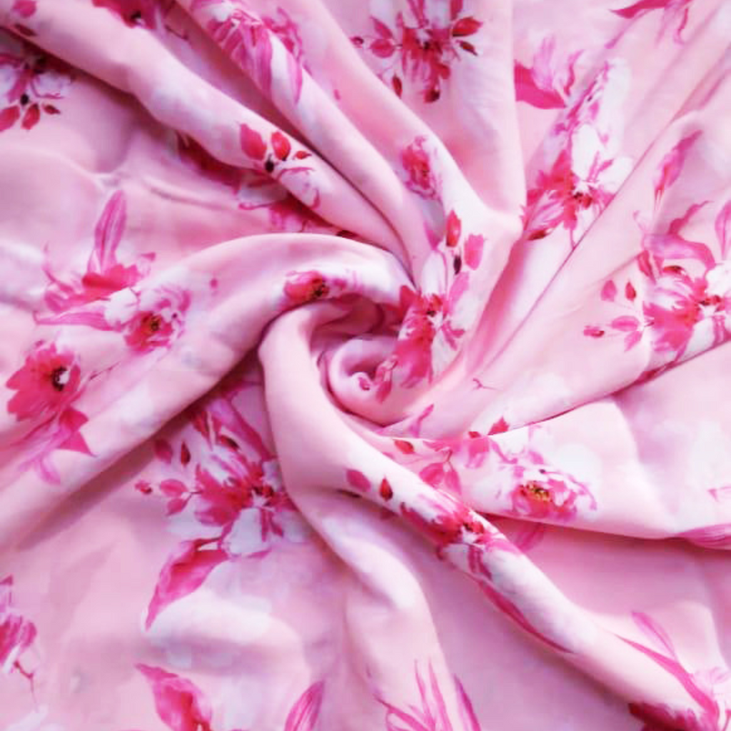 Whispering Petals: Floral Watercolor Harmony on Satin Georgette