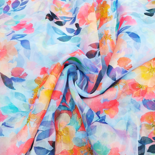 Aqua Blossoms: Embracing the Floral Watercolor Harmony on Satin Georgette