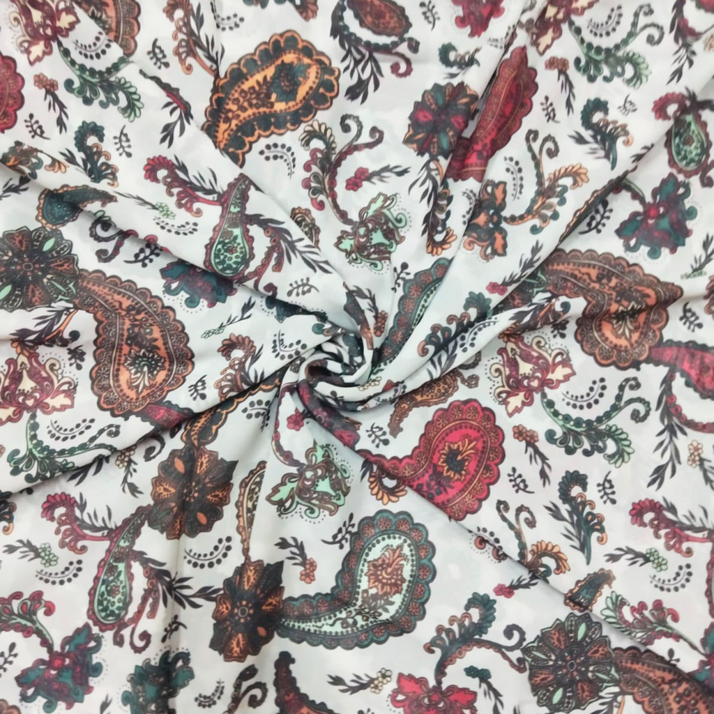 Regal Paisley Elegance: Satin Georgette Fabric with Traditional Paisley Motifs