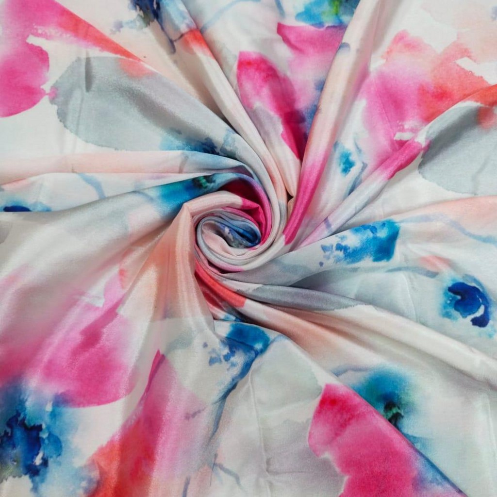 Artistic Fusion: Abstract Floral Symphony on Satin Georgette