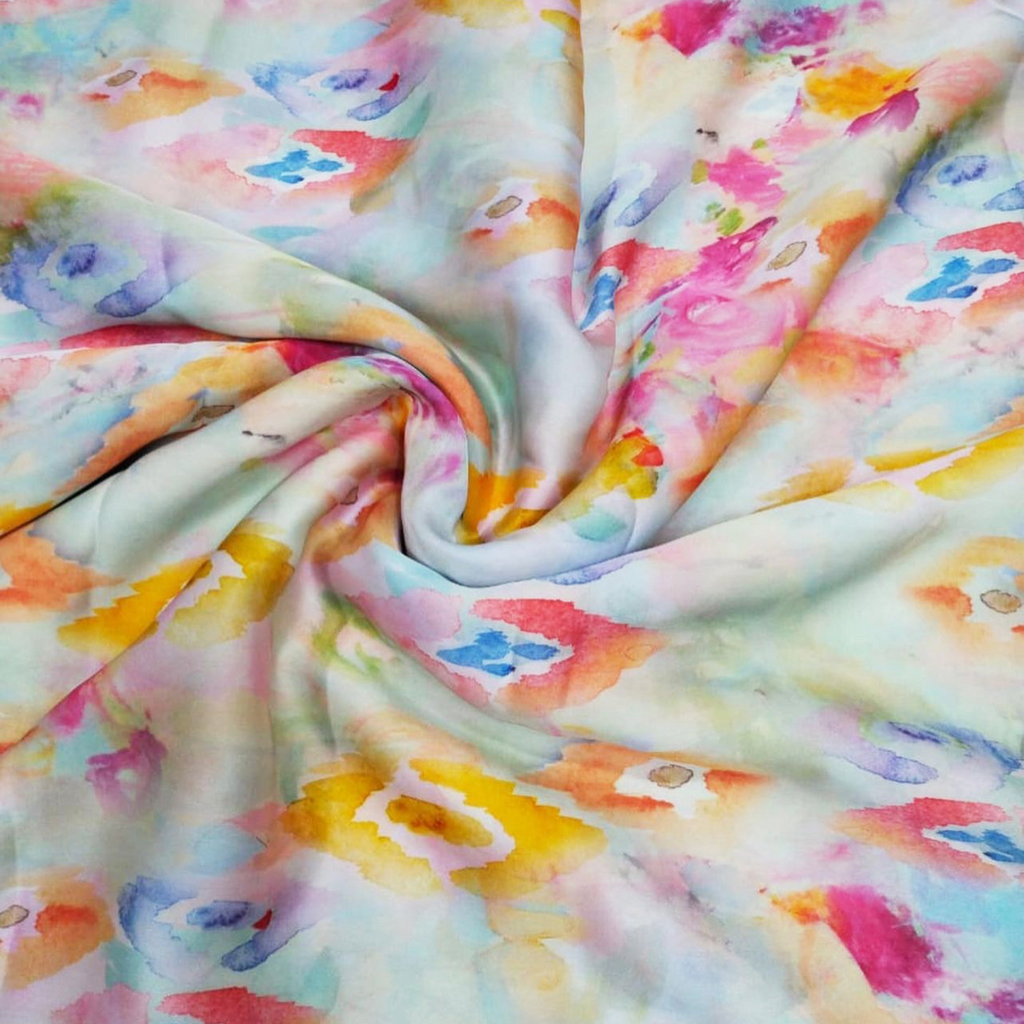 Ikat Dreams: Embracing the Watercolor Magic on Satin Georgette