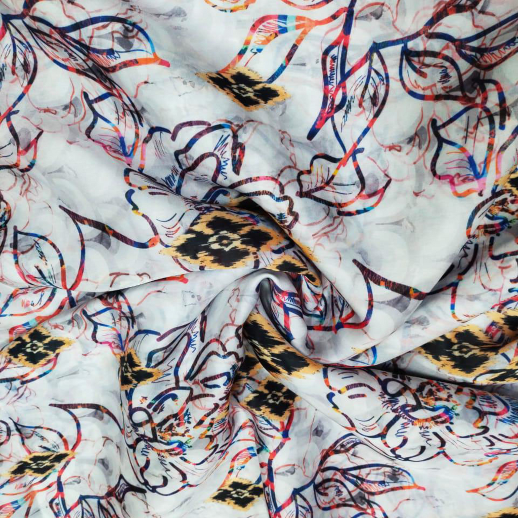 Blooming Artistry: Abstract Floral Marvel on Satin Georgette