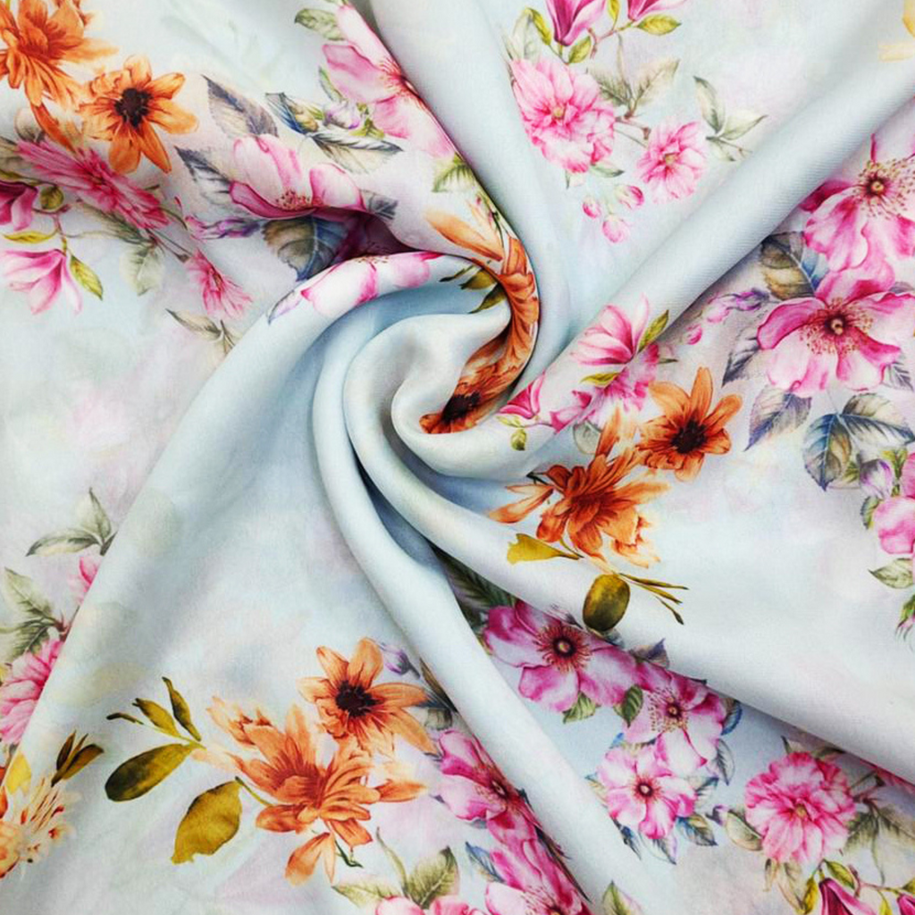 Enchanted Blossoms: Floral Symphony on Satin Georgette