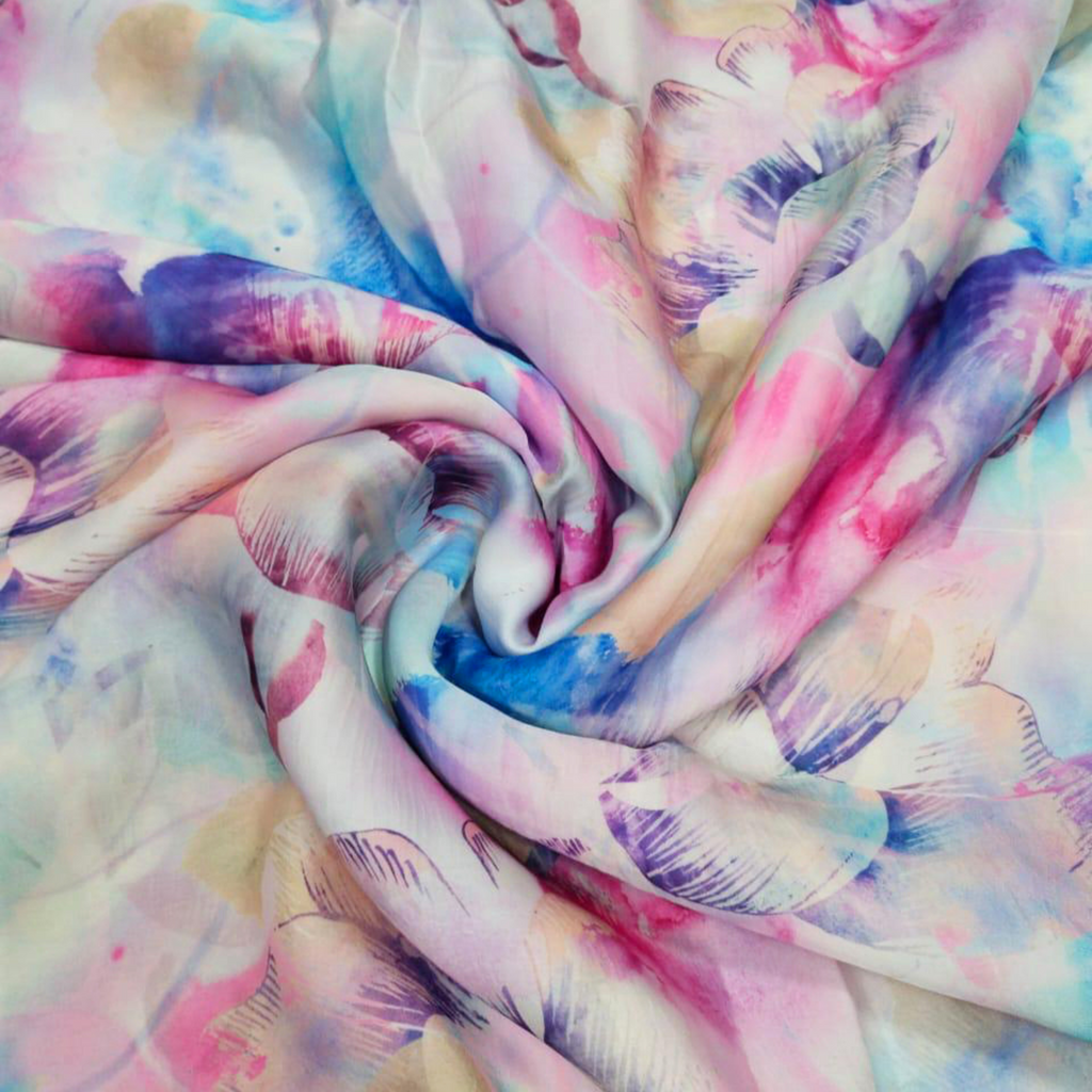 Serene Waters: Abstract Watercolor Bliss on Satin Georgette