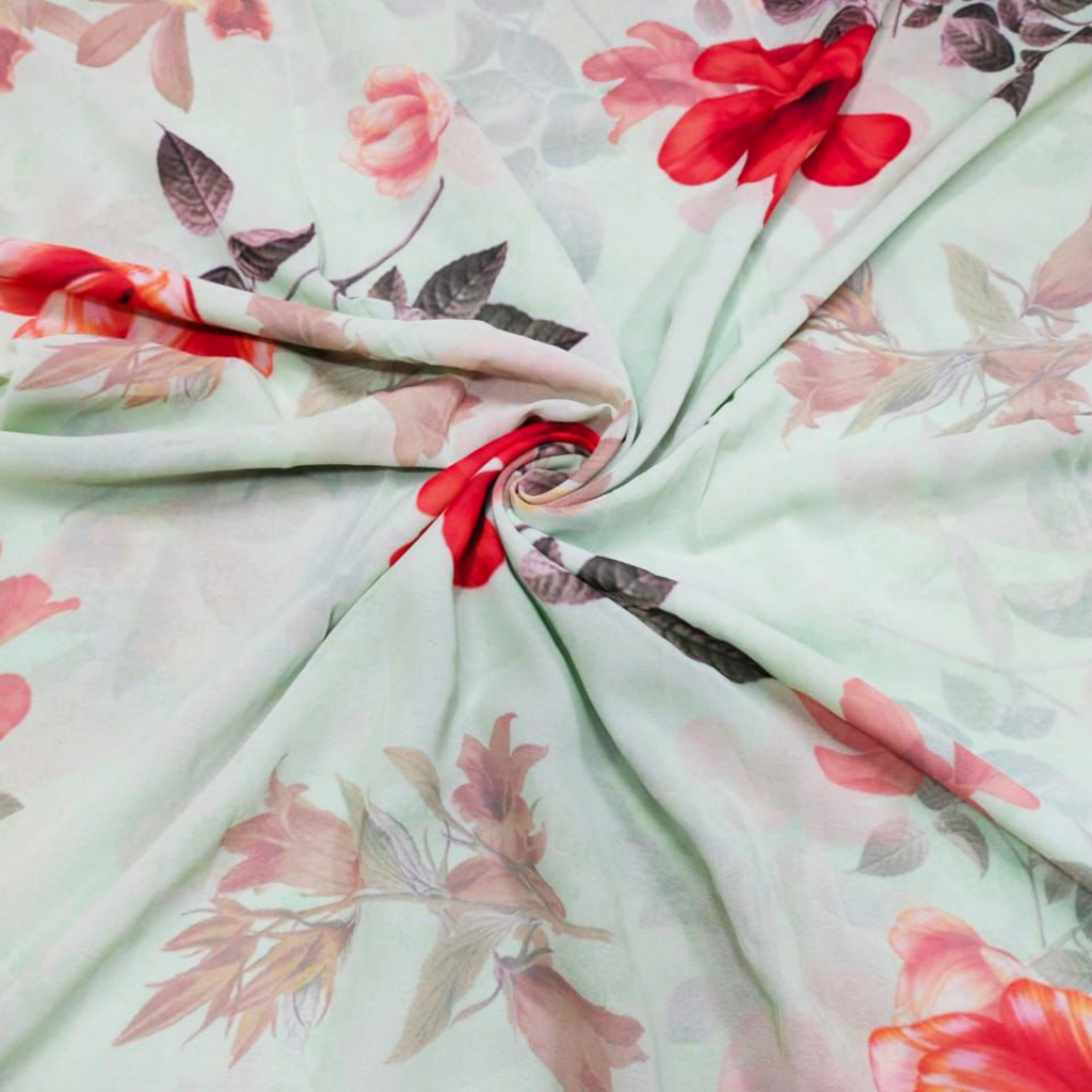 Whispering Petals: Satin Georgette Fabric Flourished with Floral Patterns