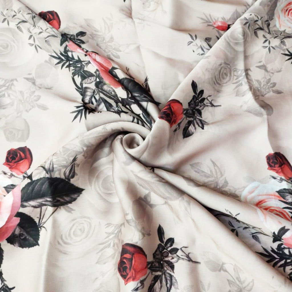 Enchanting Roses: Crepe Silk Fabric Embellished with Floral Rose Patterns