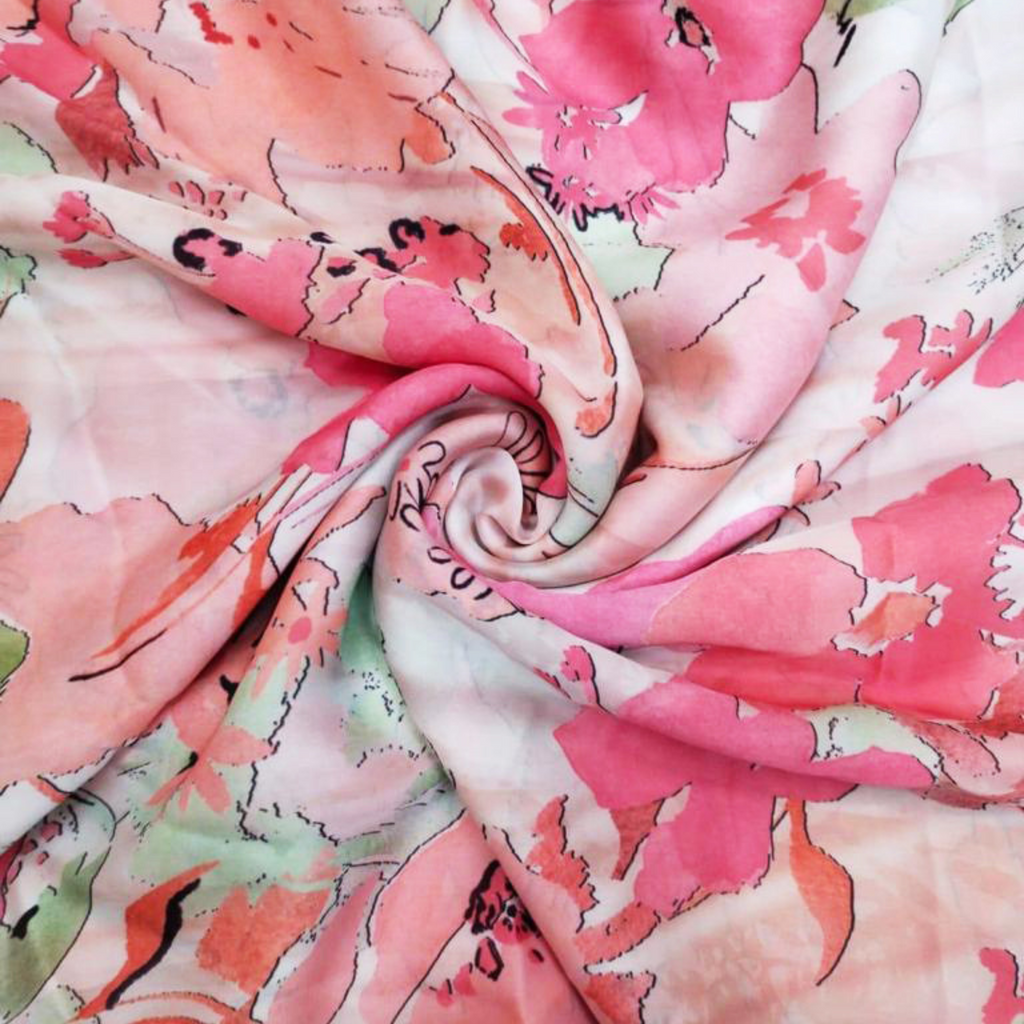 Floral Fusion: Abstract Blooms on Satin Georgette