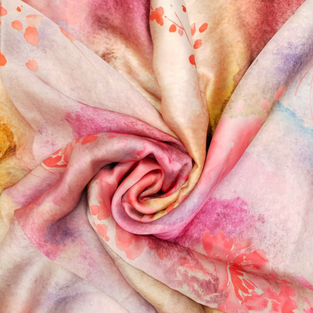 Whimsical Harmony: Unveiling the Enchanting Blend of Abstract and Floral on Satin Georgette