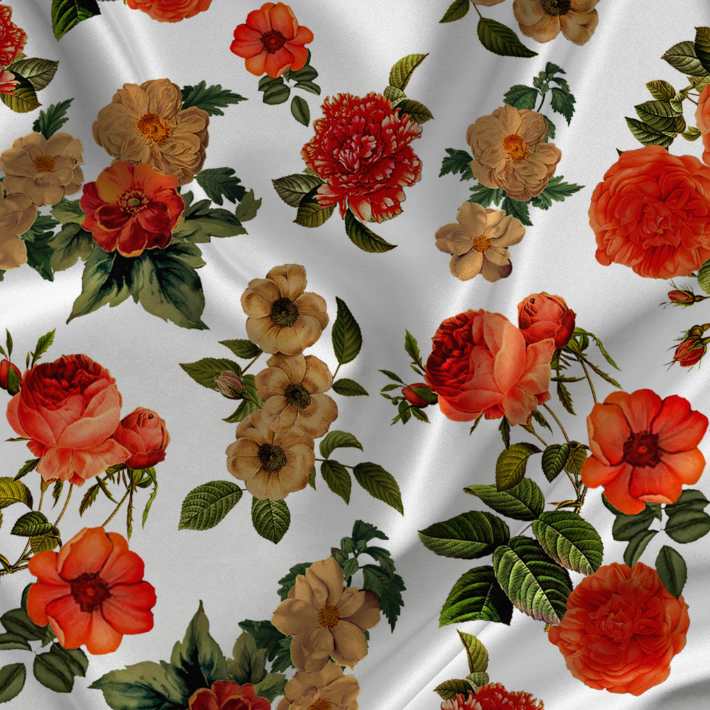 Nature's Symphony: Satin Georgette's Floral Botanical Motifs Blossom with Grace, Crafted by OM Fabs!