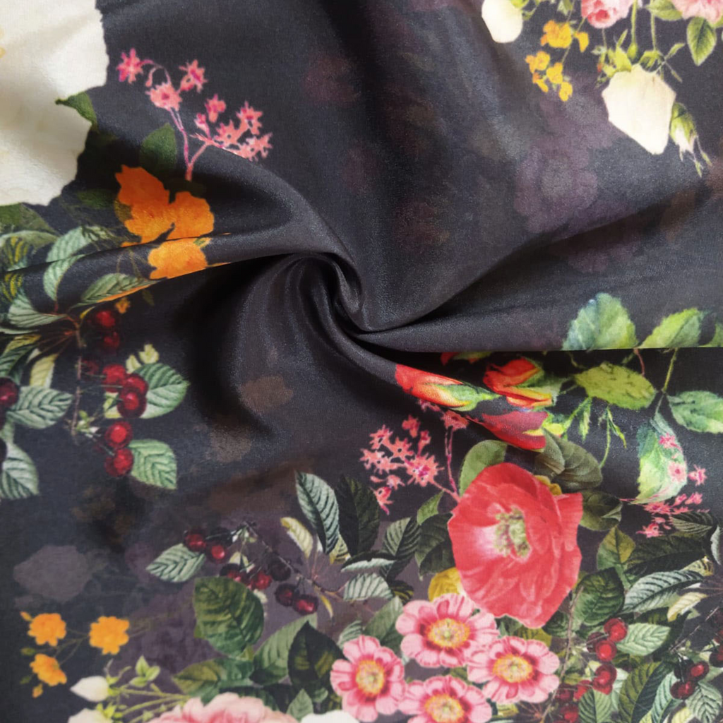 Garden Delight: Satin Georgette Fabric with Exquisite Floral Pattern