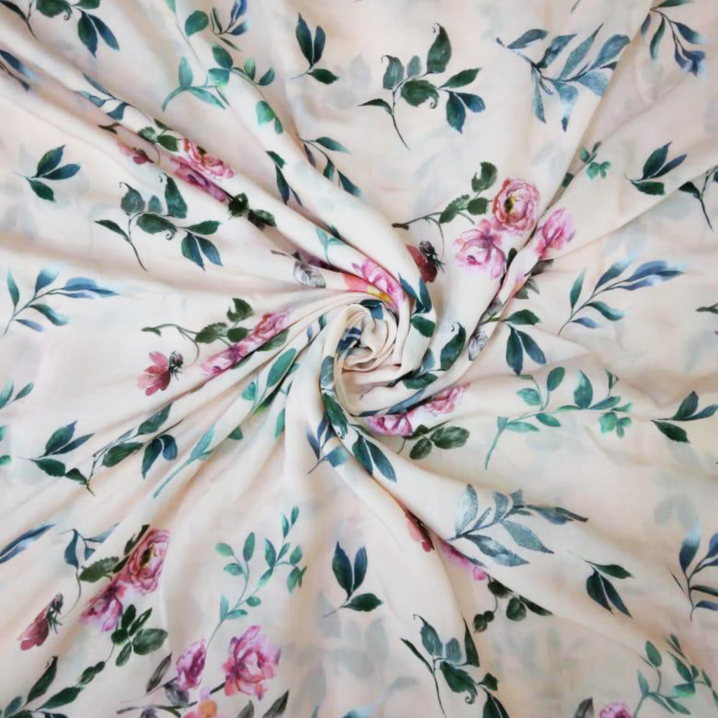 Dreamy Blossoms: Pure Muslin Fabric Painted with Floral Watercolor Patterns