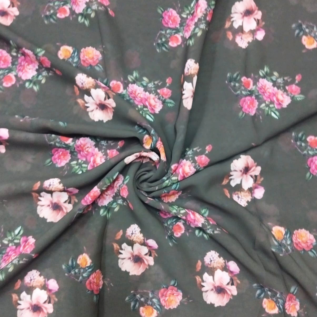 Whimsical Garden Blooms: Floral Pattern on Satin Georgette Fabric