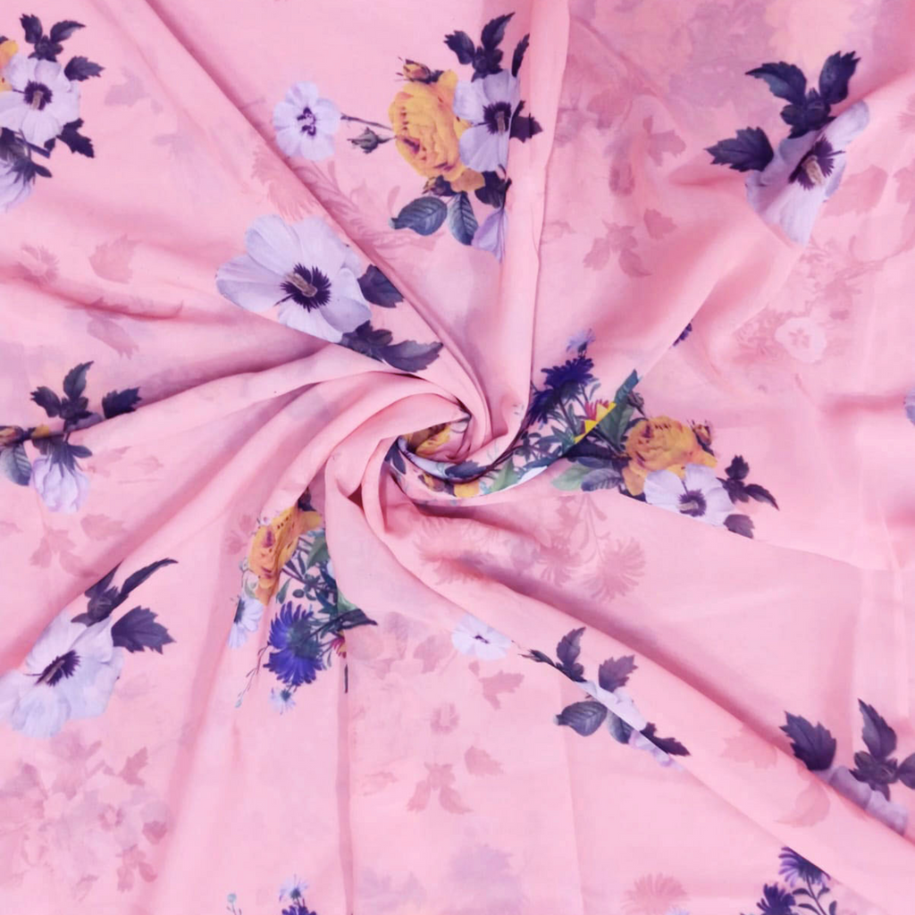 Whimsical Blooms: Satin Georgette Fabric with Delicate Floral Pattern