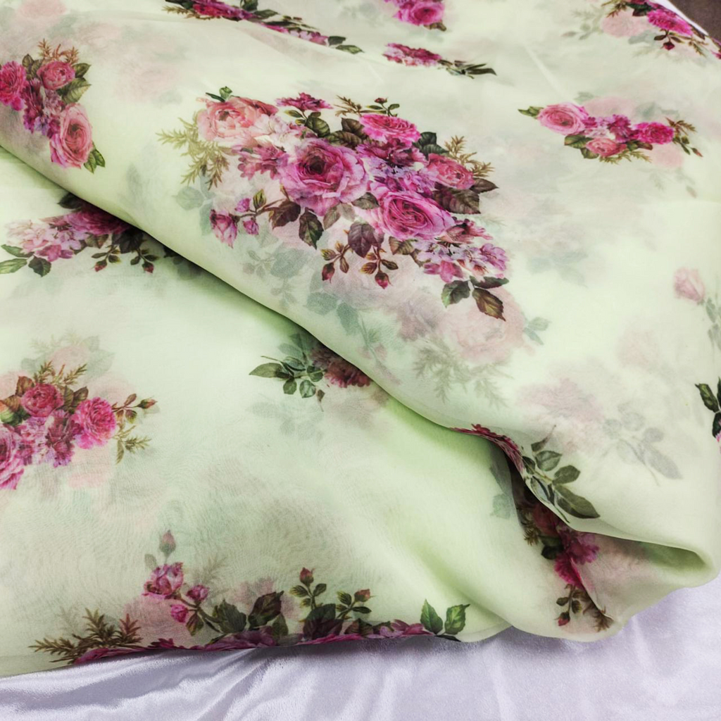 Enchanting Blooms: Soft Organza Fabric with Floral Rose Pattern