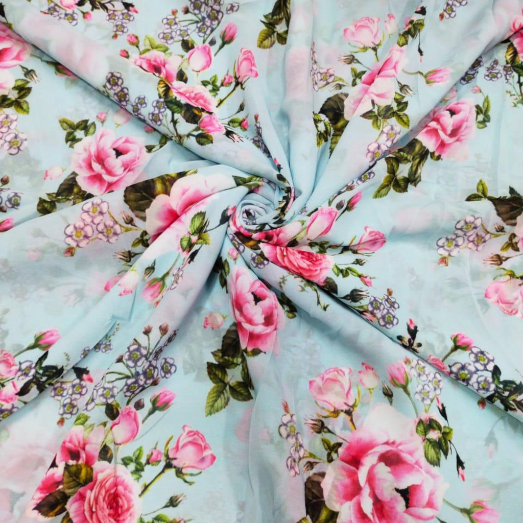 Enchanting Blooms: Satin Georgette Fabric Adorned with Floral Rose Patterns