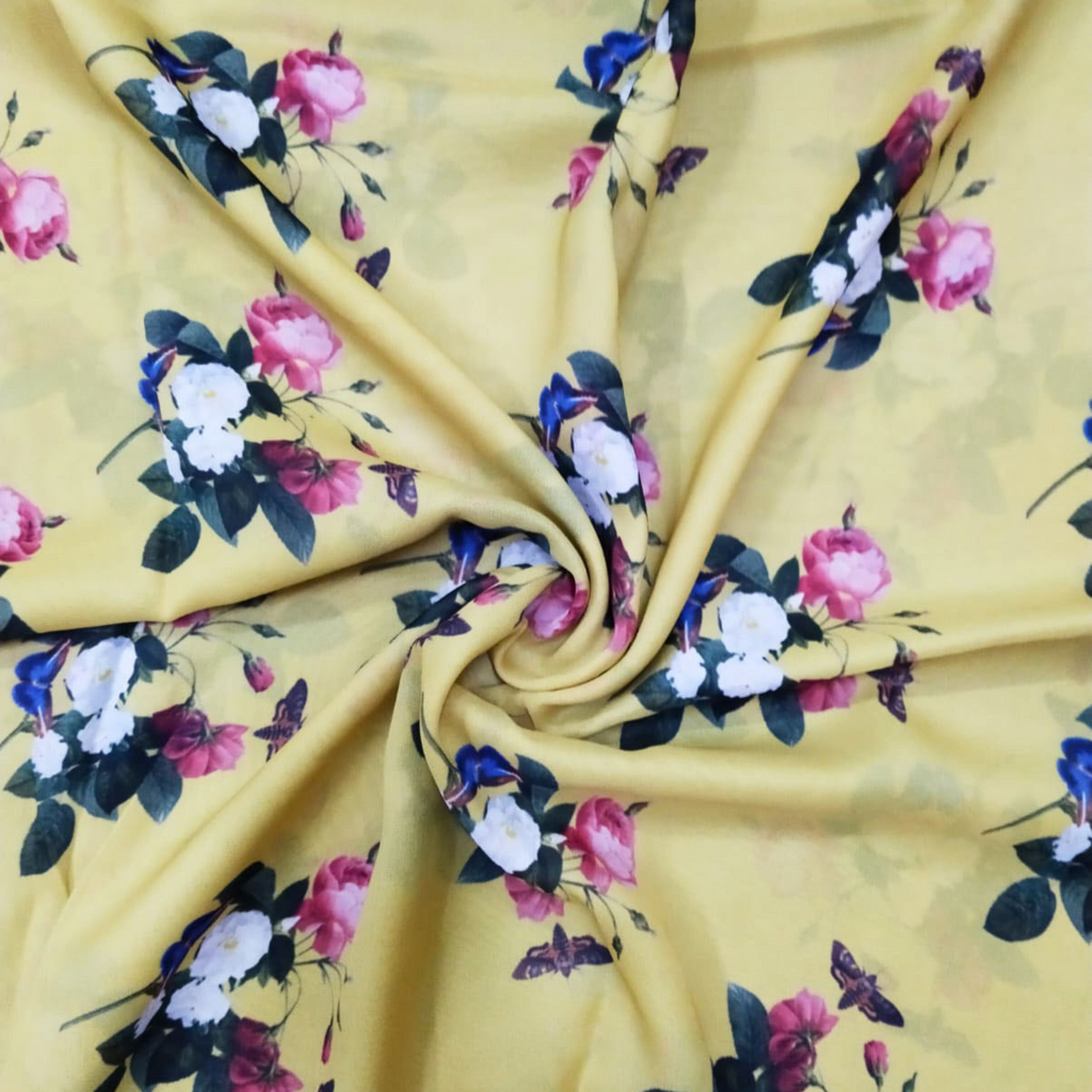 Whimsical Garden Harmony: Crepe Silk Fabric with Floral Botanical Motif