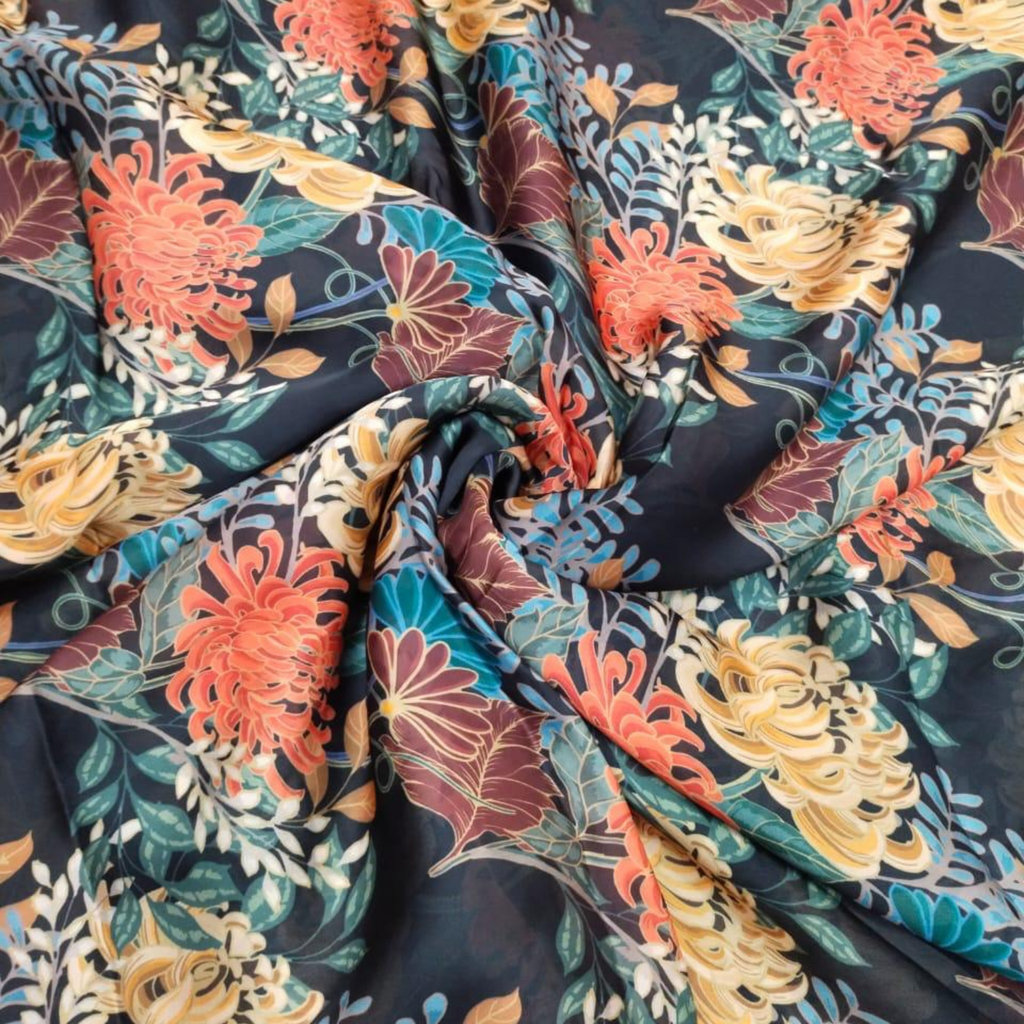 Elegant Blossoms: Satin Georgette's Floral Vector Fabric Unveiled