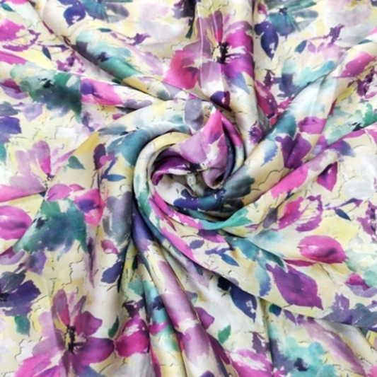 Whimsical Blooms: Embracing the Floral Watercolor Magic on Satin Georgette