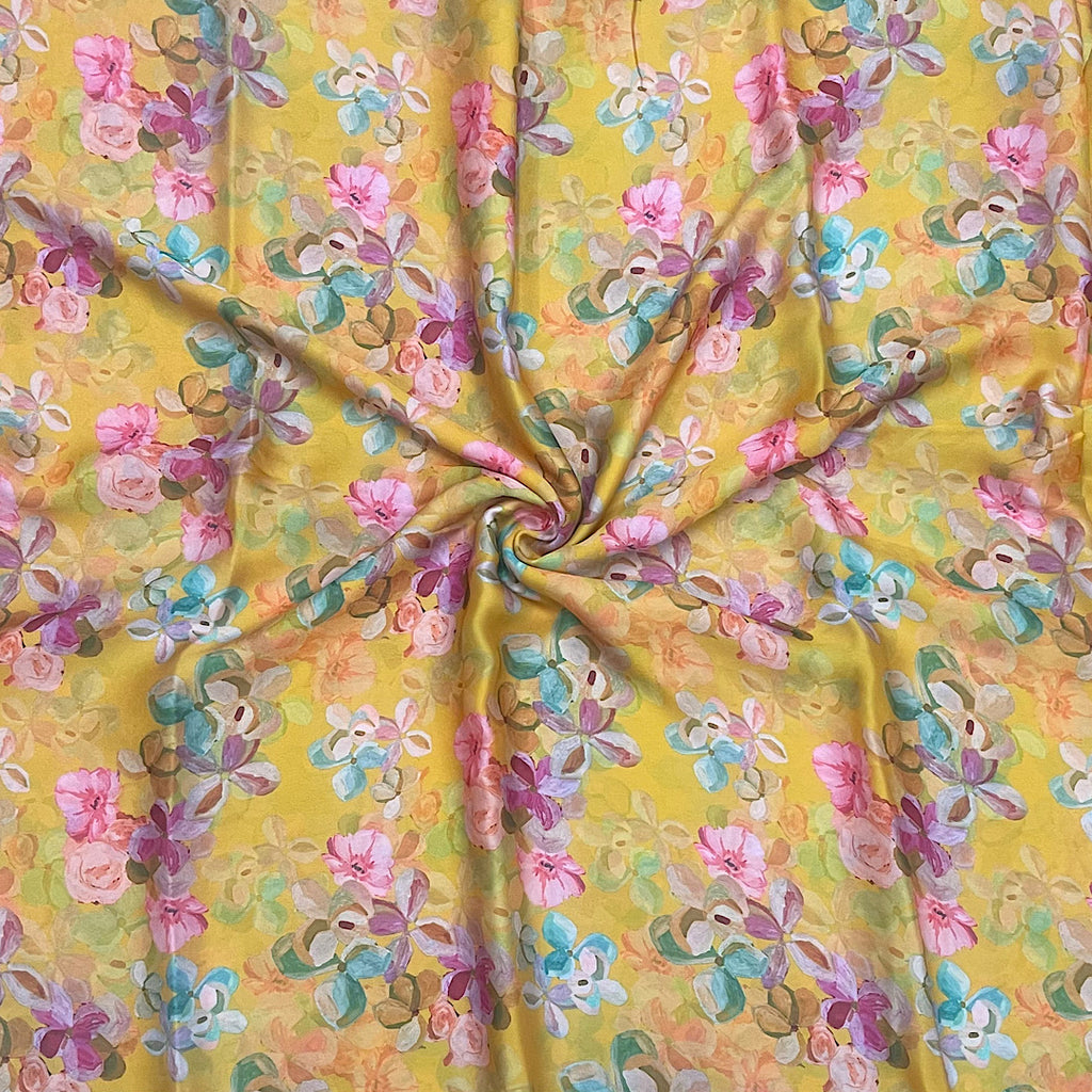 Yellow Mustard Floral Print on Satin Georgette OM DW 53