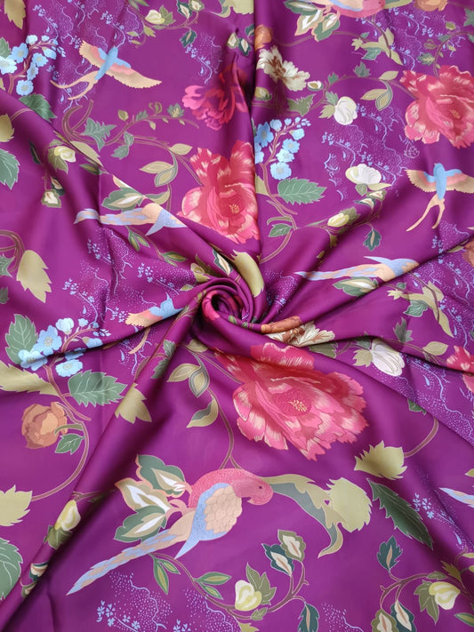 Dark Pink Bird Floral Print in French Crepe OMSG 67