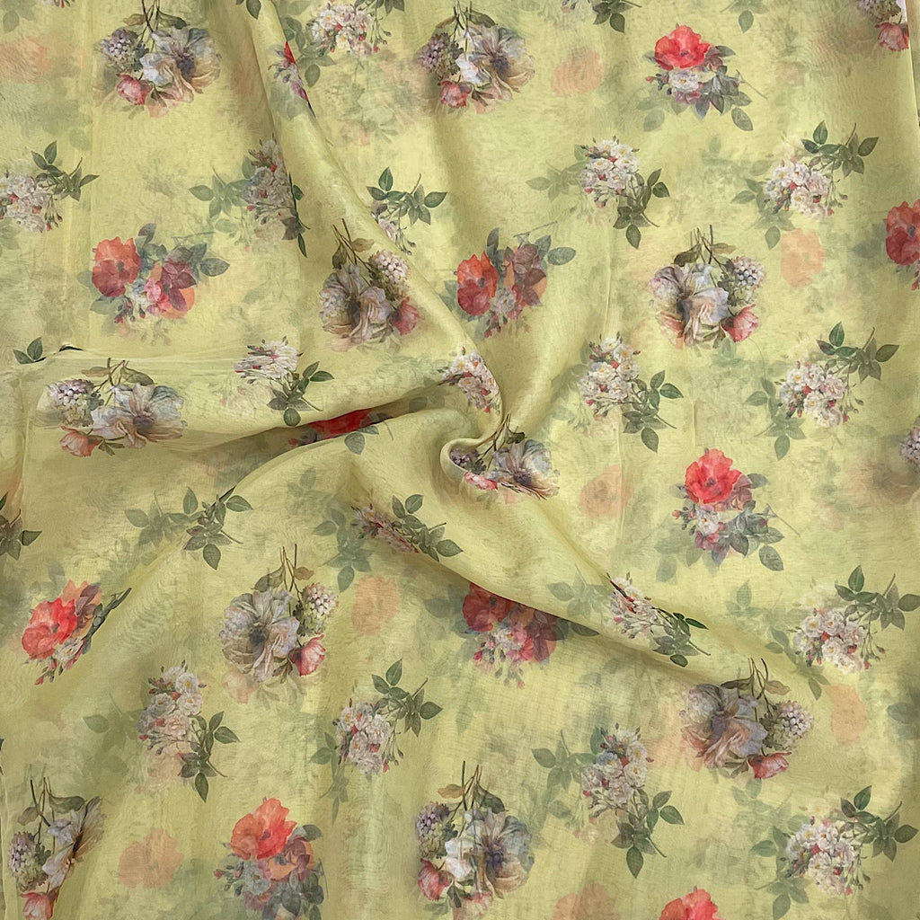 Lemon Yellow Small Floral Bunch Print on Soft Organza OM PS 308 C1