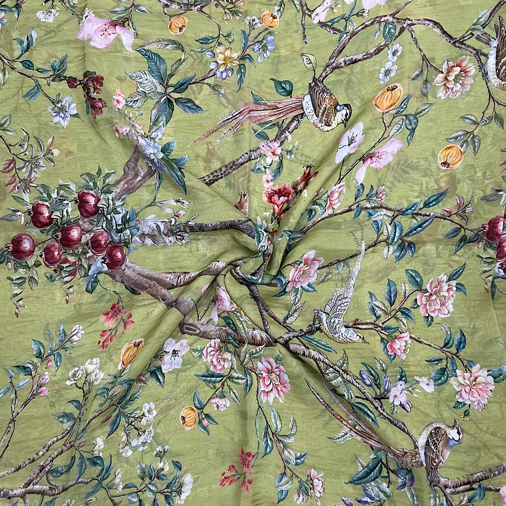 Bird on the Branch Print with Green Base on Pure Viscose Organza
