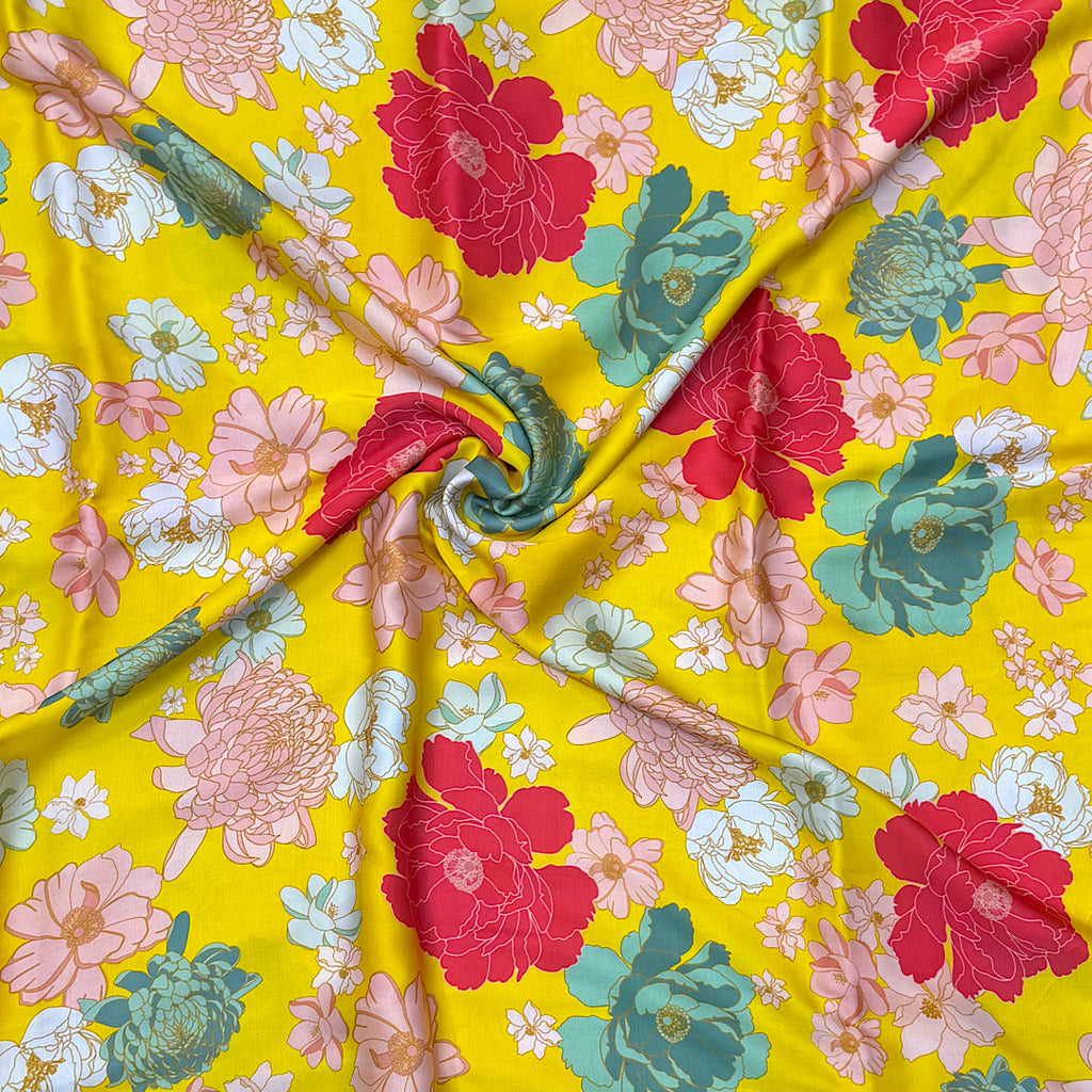 Archana Print with Yellow Base & Floral Print on Satin Georgette OM SS 379