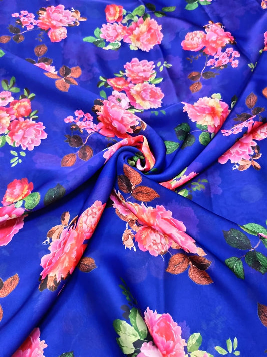 Royal Blue Floral Print on Satin Georgette