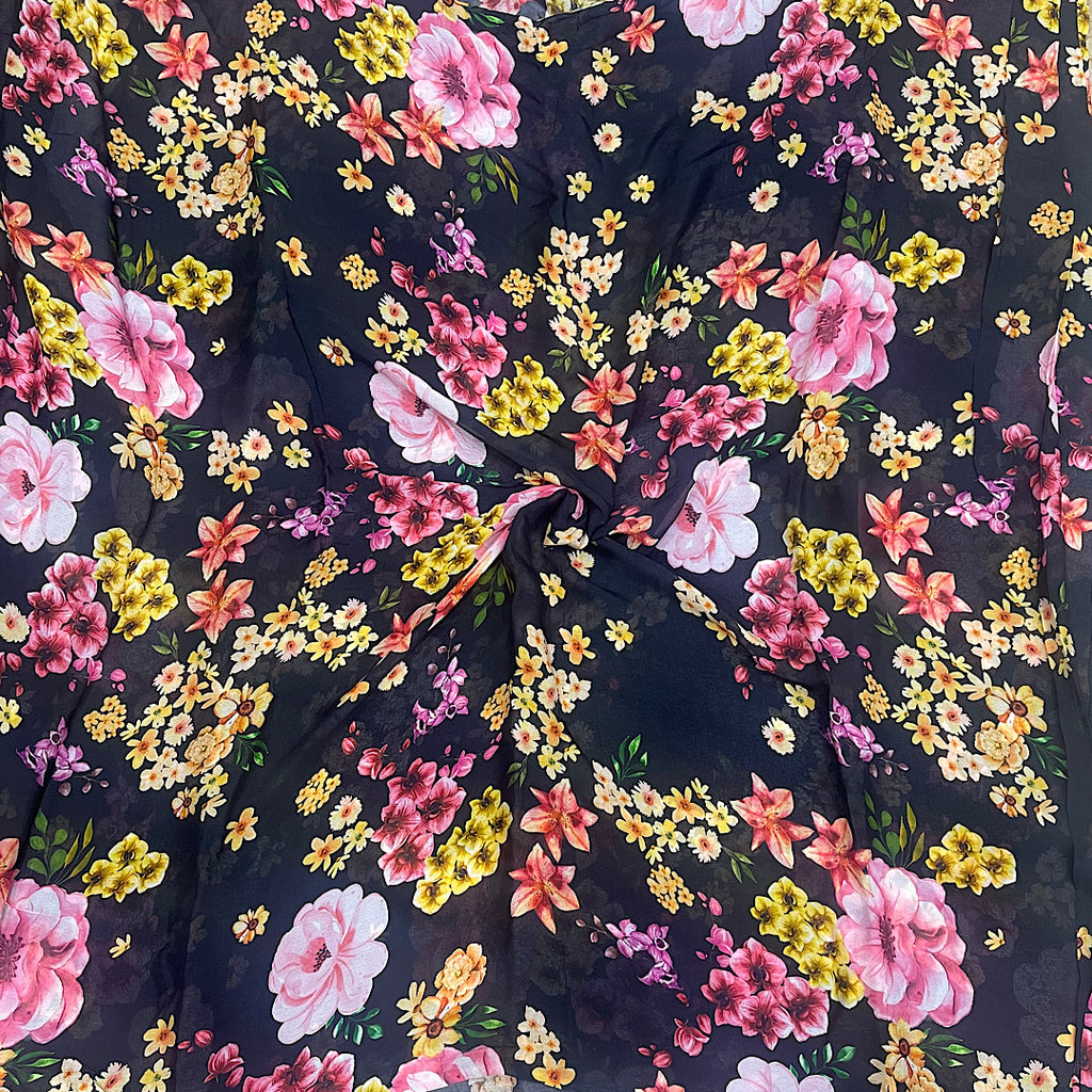 Farm Rio Small Floral Print in Black on Pure Chinon Chiffon