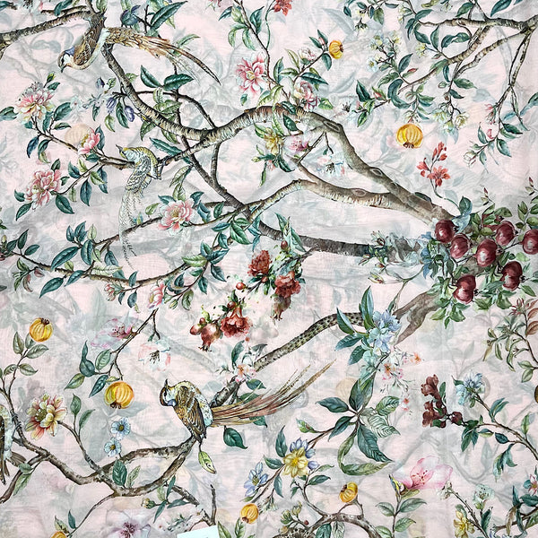 Bird on the Branch Print with Light Pink Base on Pure Viscose Organza