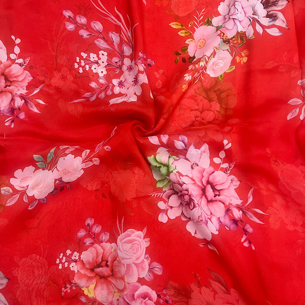 Rimple Red Floral Print on Pure Viscose Organza