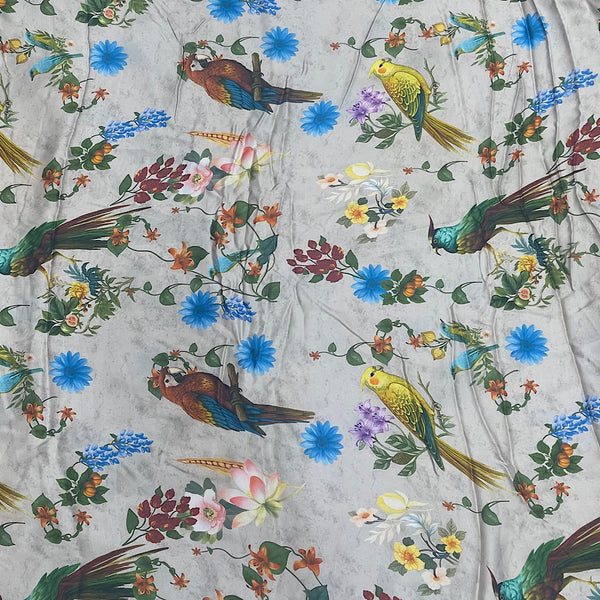Mira Parrot Small Floral Print in Beige Color on Pure Modal Satin Fabric