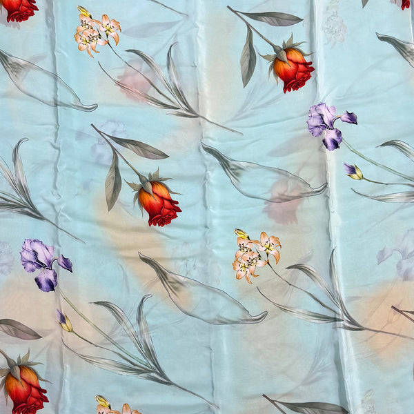 Modern Hand Paint Effect Floral Print with Light Blue Base Colour on Pure Modal Satin