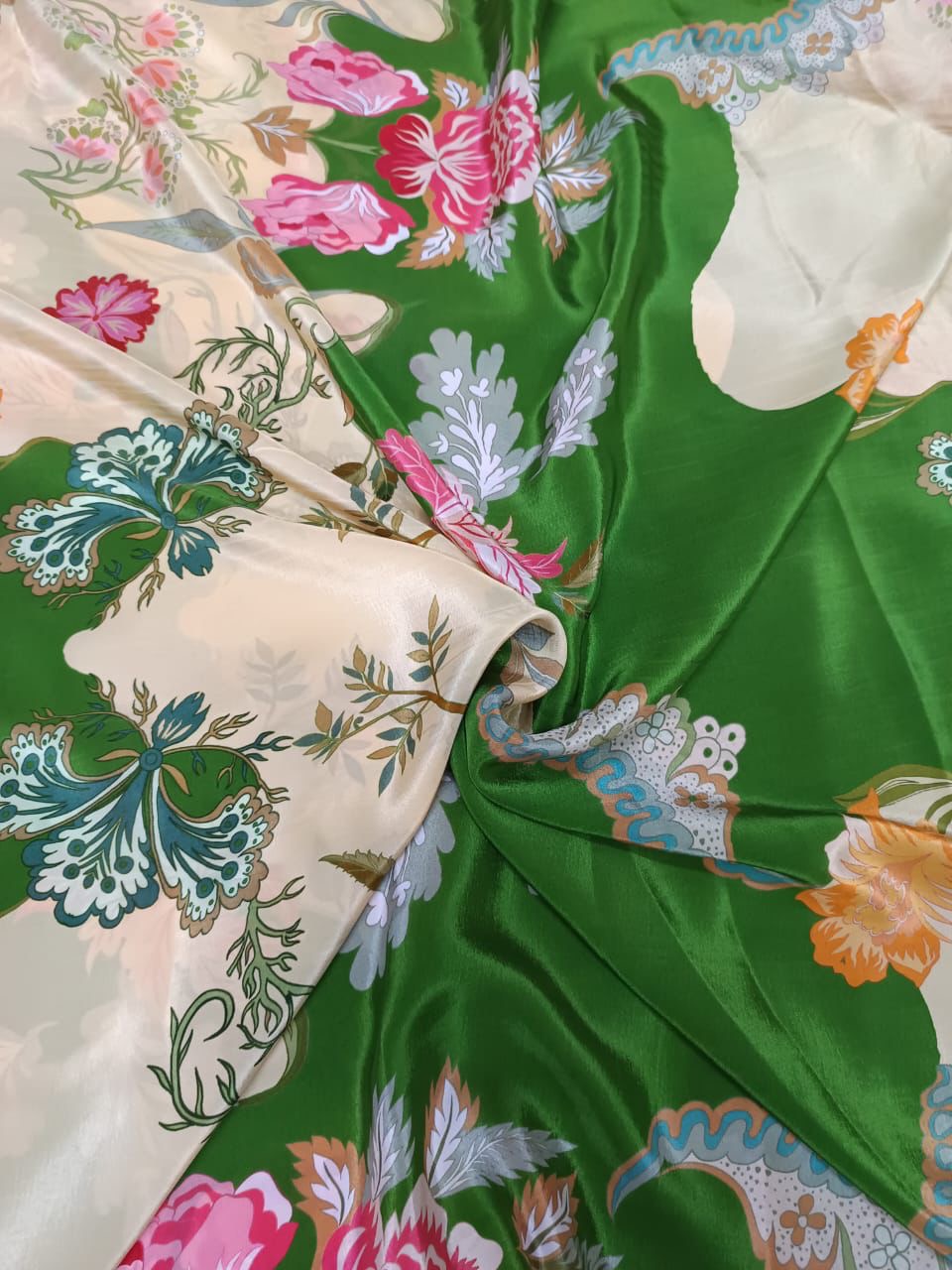 Green & Cream Abstract Floral Print on Pure Natural Crepe OM SG 64