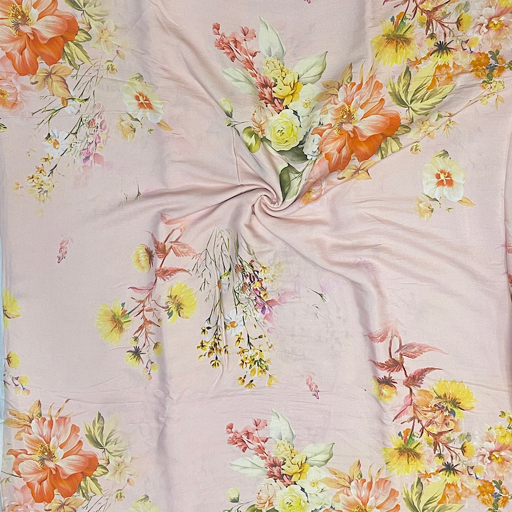 Yam Light Peach Big Floral Print on Pure Viscose Muslin Fabric