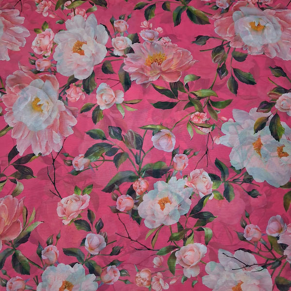 White Floral Print with Pink Base on Georgette OM SS 843