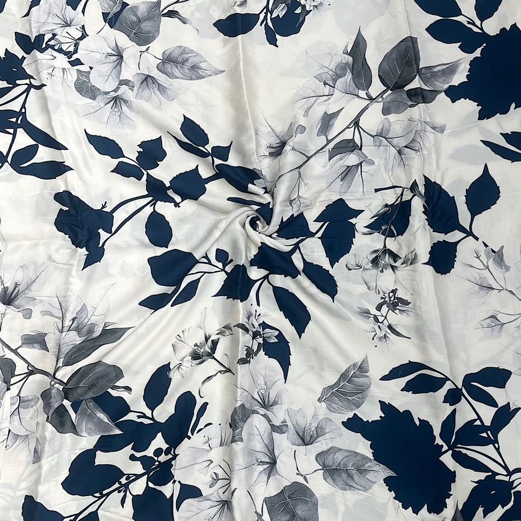 Aza New Floral Print with Ivory White Base with Blue & Gray Floral on Pure Modal Satin