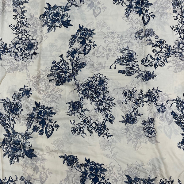 Gazal Floral Print in Gold with Blue Floral on Pure Modal Satin Fabric