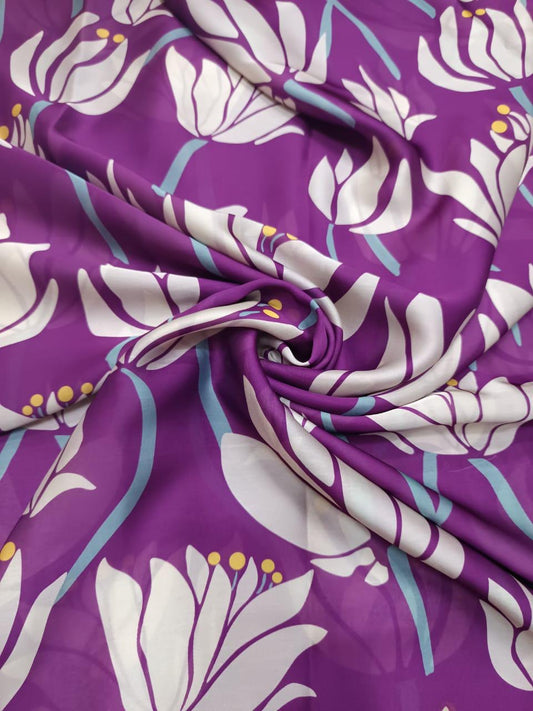 Purple & White Big Lotus Print on French Crepe TK 332