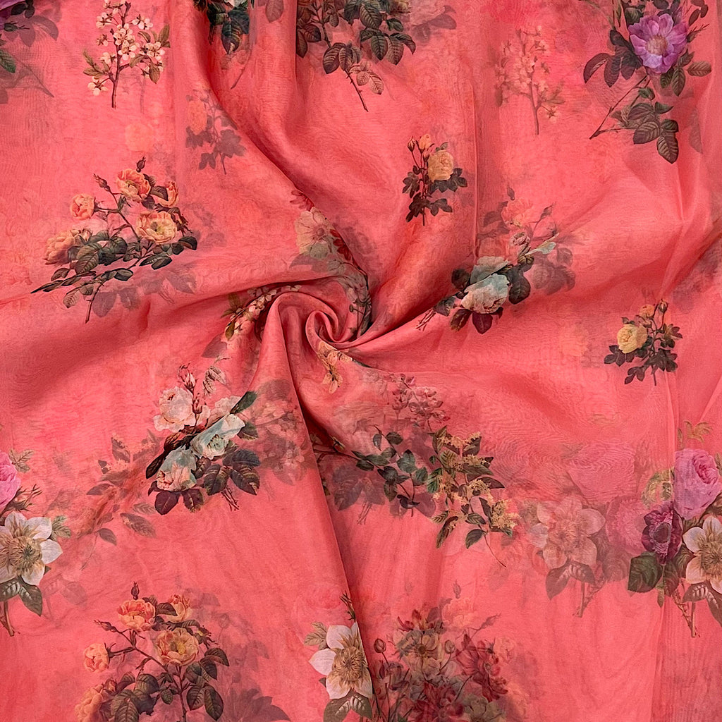 Peach Color Big Floral Print on Soft Organza