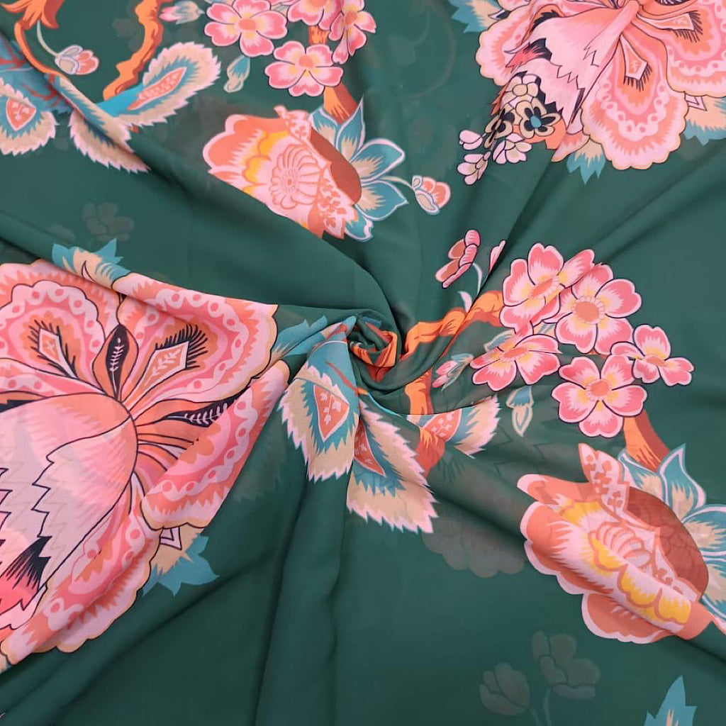 Bottle Green Big Floral Print on Soft Organza & Georgette OM PS 27