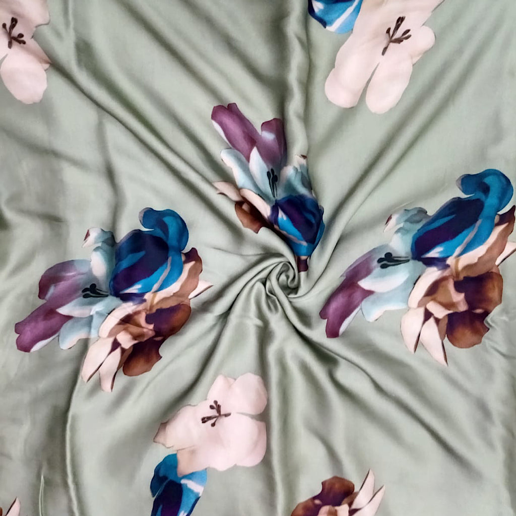 Olive Green big Floral Print by Yam on Pure Modal Satin with Color options