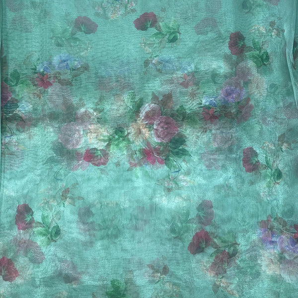 Olive Green Floral Print with Rose on Glossy Organza Fabric OM RJ 241 C3